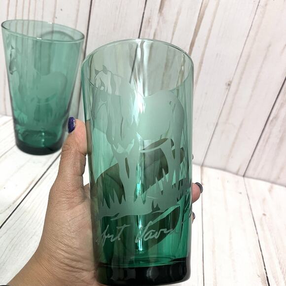 Robert Vavra Vintage Signed Frosted Etched Equestrian Green Glass Tumblers Set 5 - Picture 2 of 12